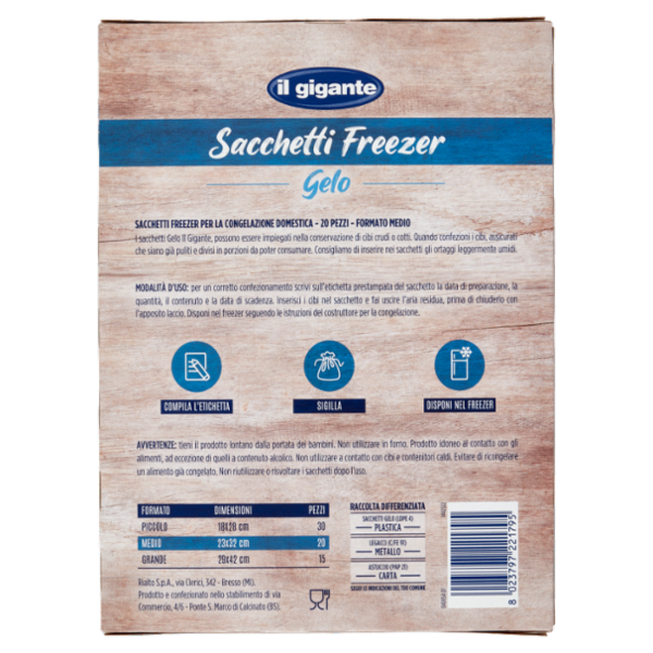 IL GIGANTE Sacchetti Freezer Gelo Medio Formato 23x32 cm 20 pz