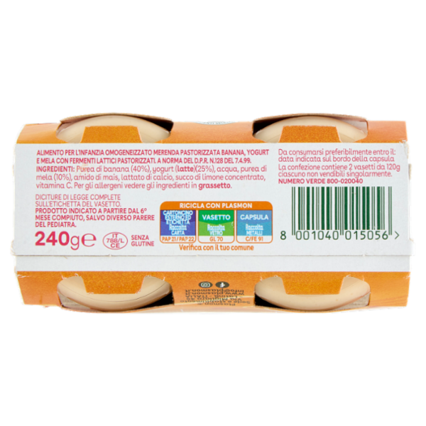 Plasmon Omogeneizzato con fermenti lattici pastorizzati Banana e Yogurt con mela 2 x 120 g