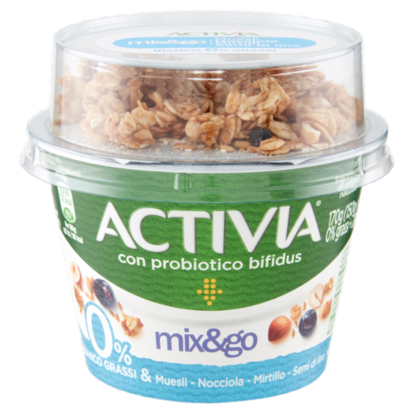 ACTIVIA Mix&Go con Probiotico Bifidus, 0% Grassi, Yogurt con Muesli, Nocciola, Mirtillo, Semi 170g