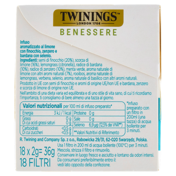 Twinings Benessere Antiossidante Tisana aromatizzata Limone con Finocchio e Zenzero 18 filtri 36 g