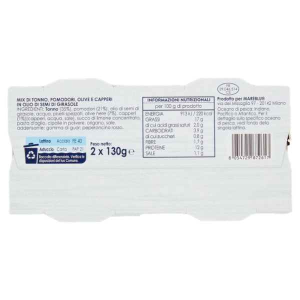 Mareblu Active Pro Mix di Tonno, Pomodori, Olive e Capperi 2 x 130 g
