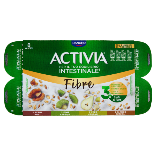 ACTIVIA Fibre e Frutta,Yogurt con Probiotico Bifidus,mix Cereali Bianco/Pera/Avena Noci/Kiwi,8x125g
