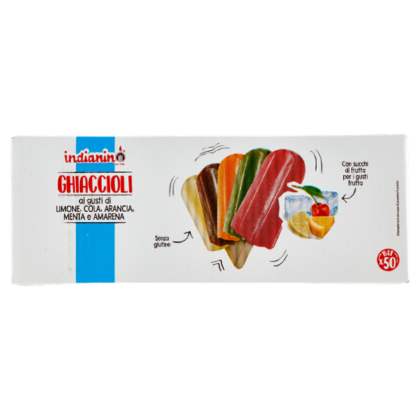 indianino Ghiaccioli ai gusti di Limone, Cola, Arancia, Menta e Amarena 50 x 75 g