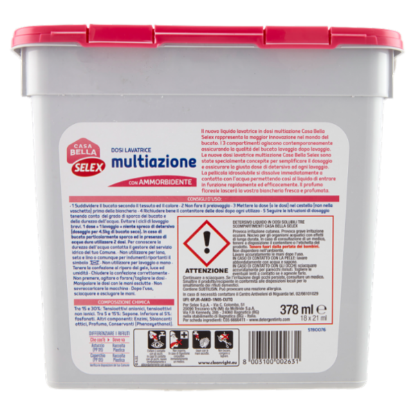 Selex Casa Bella Detersivo Lavatrice Liquido Conc. con Ammorbidente 18 Capsule Idrosolubili 378 ml