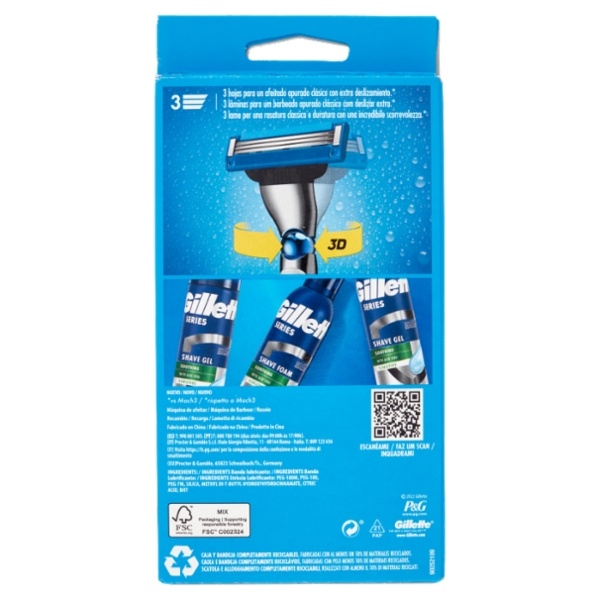 Gillette Rasoio Uomo Mach3 Turbo a 3 Lame, 1 Manico + 2 Lamette Barba