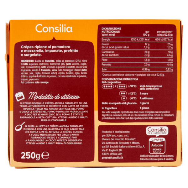 Consilia Crêpes Surgelate Mozzarella e Pomodoro 4 pezzi 250 g