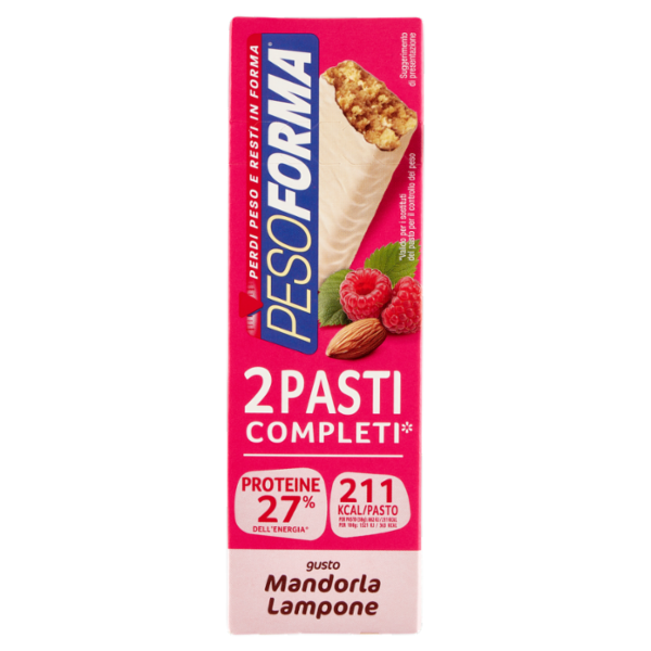 Pesoforma Barrette 2 Pasti, sostitutive del pasto, gusto Mandorla Lampone, 211 kcal a pasto, 2 x 58g