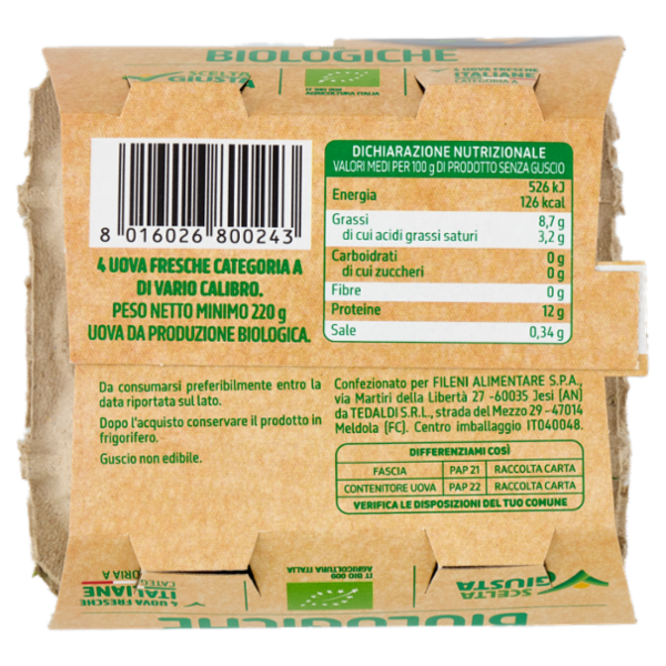 Fileni Bio Uova Biologiche 4 Uova Fresche 220 g