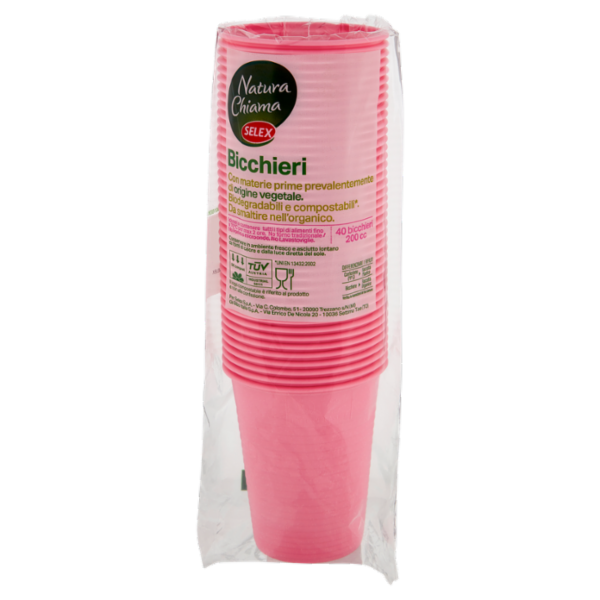 Selex Natura Chiama Bicchieri Biodegradabili e Compostabili Ecologici Rosa 200 cc 40 pezzi