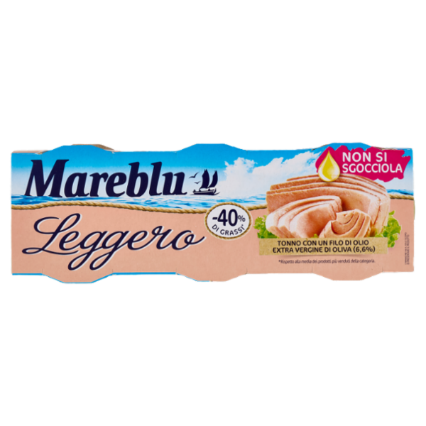 Mareblu Leggero Tonno con un Filo di Olio Extra Vergine di Oliva (6,6%) 3 x 60 g