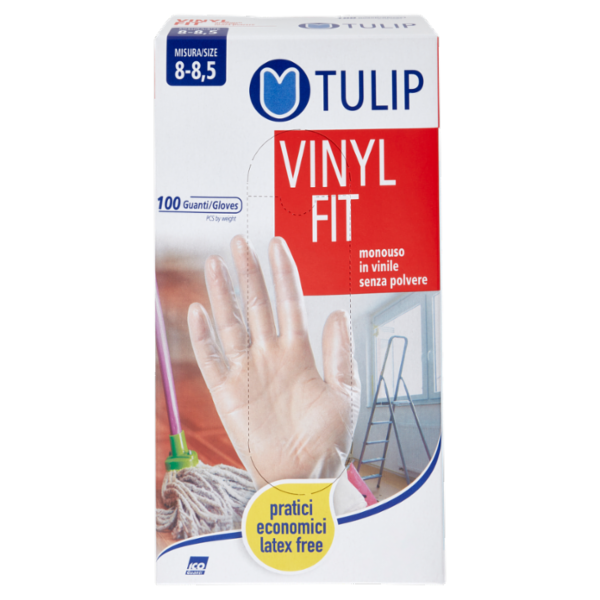 Tulip Vinyl Fit Guanti monouso in vinile senza polvere Misura 8-8,5 100 pz