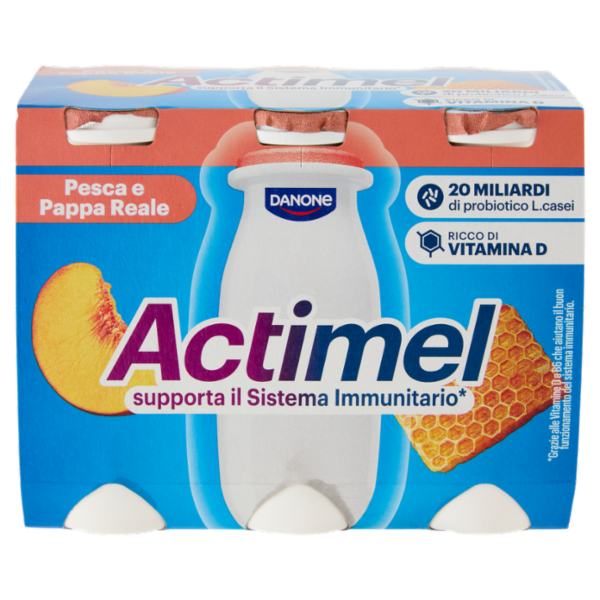 ACTIMEL, Yogurt da Bere con Vit B6 e D per il Sistema Immunitario, gusto Pesca e Pappa reale, 6X100G