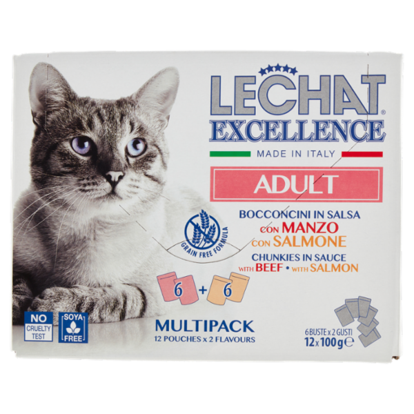 LeChat Excellence Adult Bocconcini in Salsa con Manzo, con Salmone 12 x 100 g