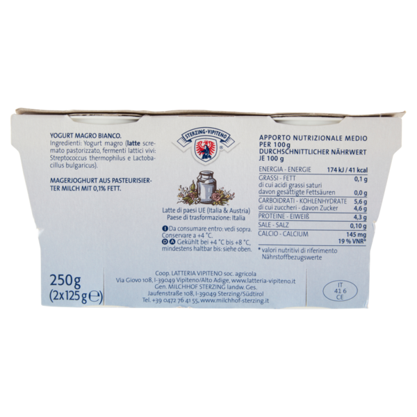Sterzing Vipiteno 0,1% Grassi Yogurt Magro Bianco 2 x 125 g