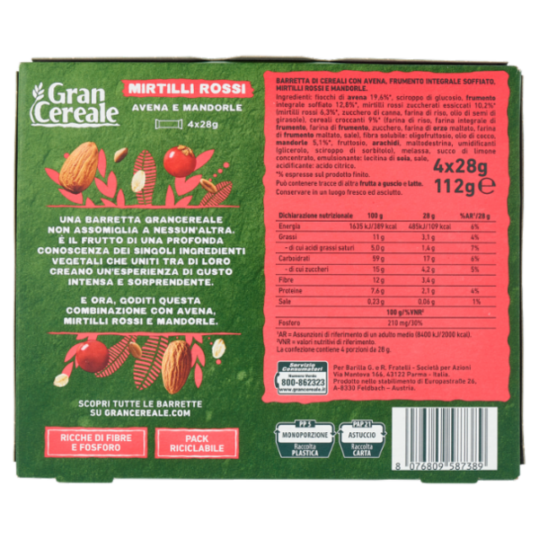 Gran Cereale Barrette Mirtilli Rossi, Avena e Mandorle 4 pezzi 112g