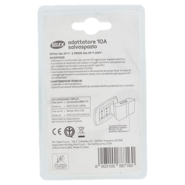 Selex Adattatore Multiplo Salvaspazio Spina 10A + 3 Prese 10A(Ita) Bianco