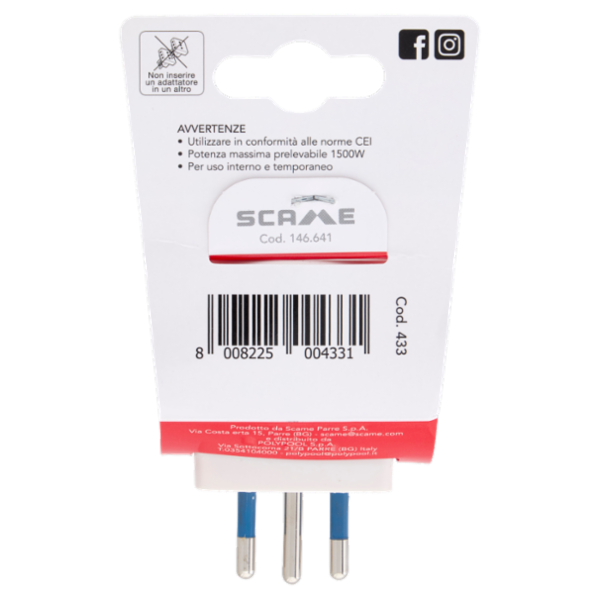 Scame Adattatore 10A Spina 10A, presa 10/16A, 2P+T 250V