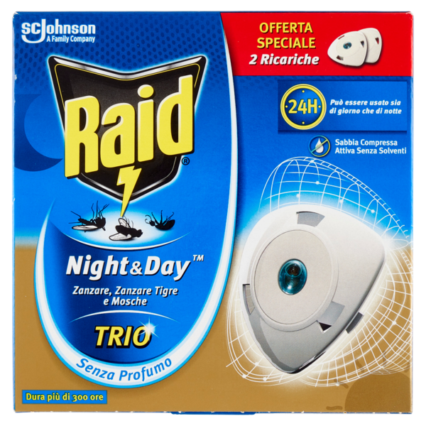 Raid Night & Day Trio Zanzare, Zanzare Tigre, Mosche 2 Ricariche