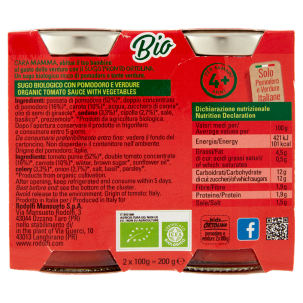 Ortolina kids Bio Pomodoro & Verdure 2 x 100 g