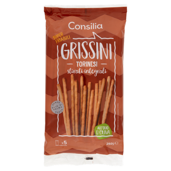Consilia Grissini Torinesi con Olio d'Oliva Stirati Integrali in Confezioni Salvafreschezza 5x50 g