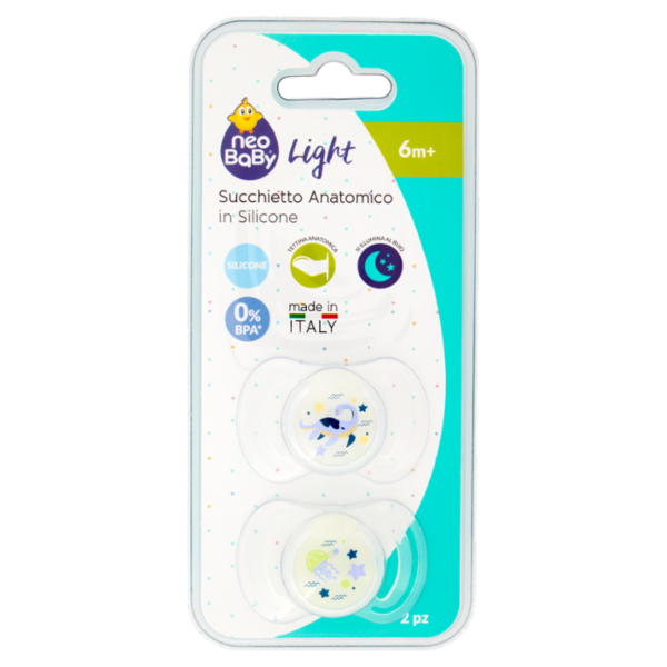 neo Baby Light Succhietto Anatomico in Silicone 6m+ Dino Glow 2 pz