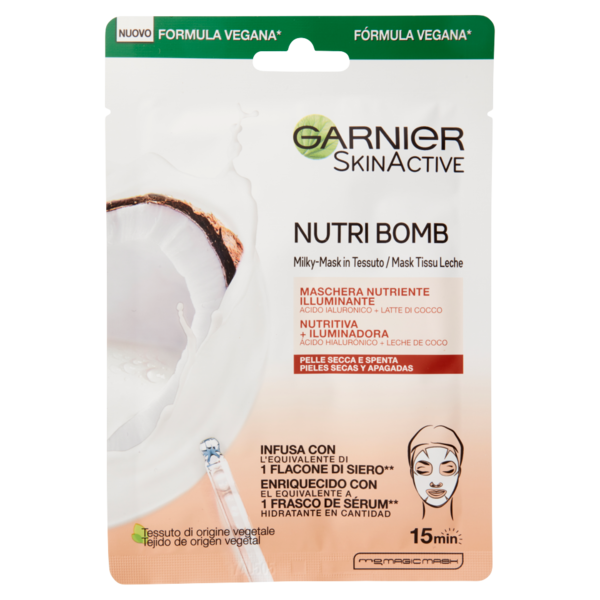 Garnier Maschera in Tessuto Nutriente Illuminante NutriBomb, Pelli Secche e Spente, Latte di Cocco
