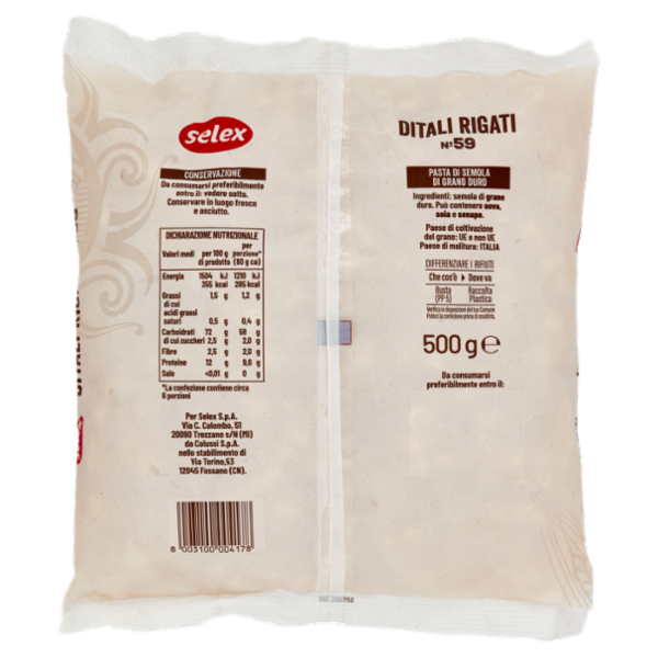 Selex Pasta di Semola Trafilata al Bronzo Ditali Rigati 500 g