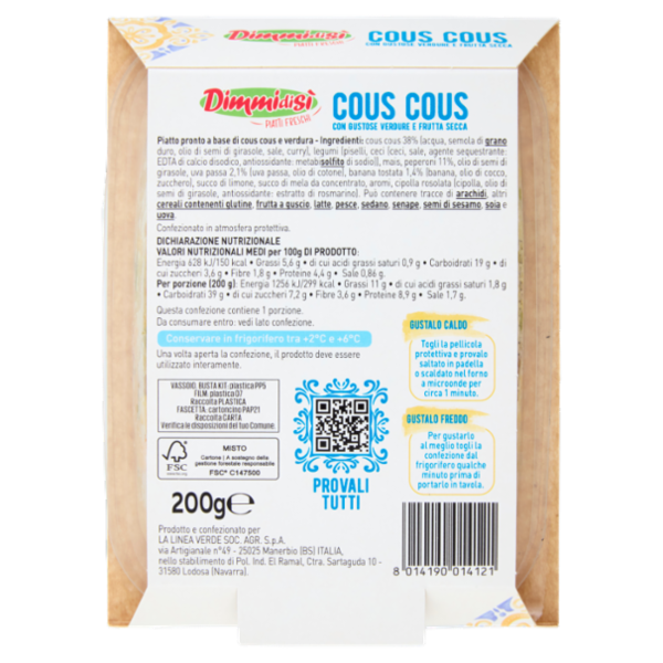 DimmidiSì Piatti Freschi Cous Cous con Gustose Verdure e Frutta Secca 200 g