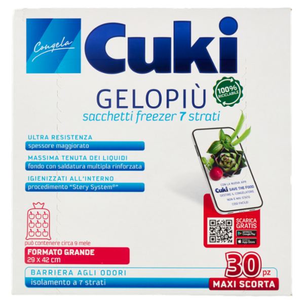 Cuki Congela Gelopiù sacchetti freezer 7 strati Formato Grande 29 x 42 cm 30 pz