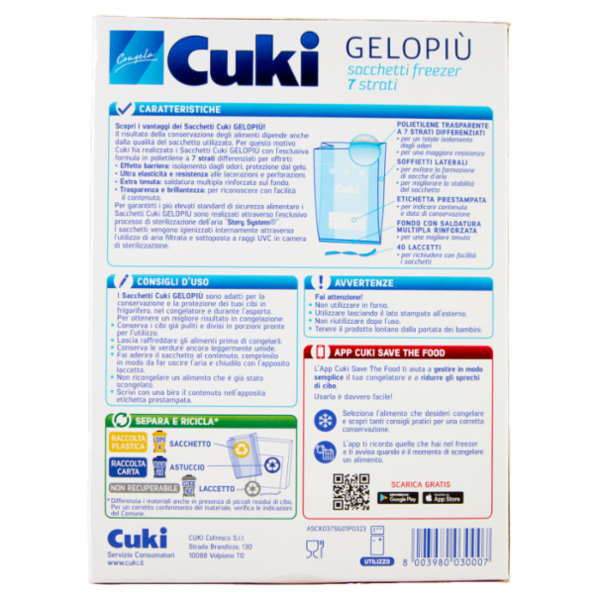 Cuki Congela Gelopiù sacchetti freezer 7 strati Formato Piccolissimo 17 x 22 cm 40 pz