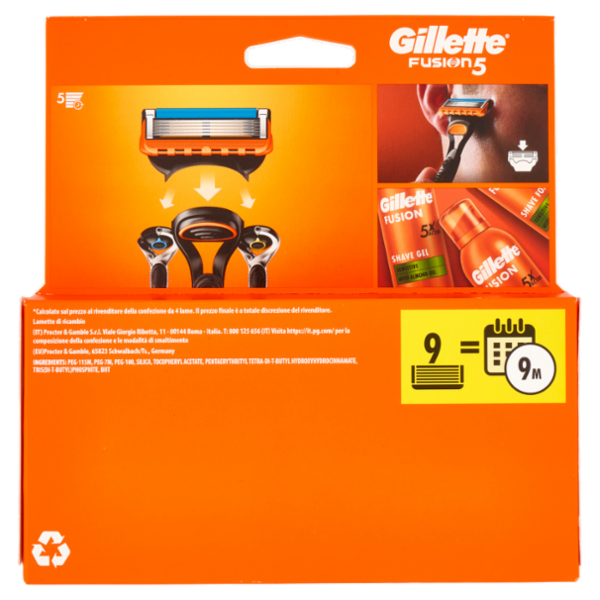 Gillette Fusion5 Lamette di ricambio per Rasoio da Uomo, 9 Ricariche