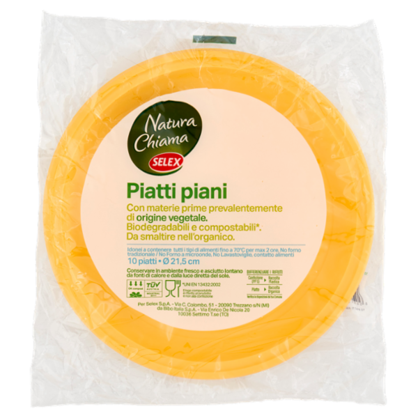 Selex Natura Chiama Piatti Piani Biodegradabili e Compostabili Ecologici Gialli 10 pezzi