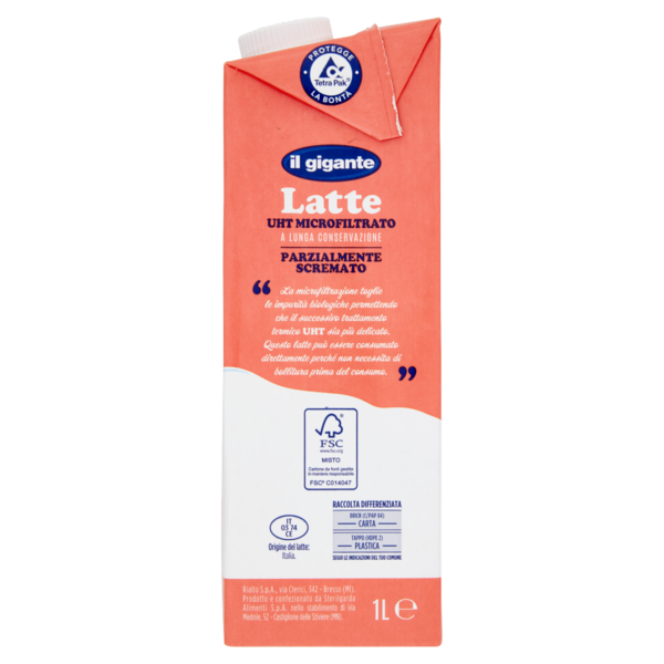 IL GIGANTE Latte UHT Microfiltrato a Lunga Conservazione Parzialmente Scremato 1 L
