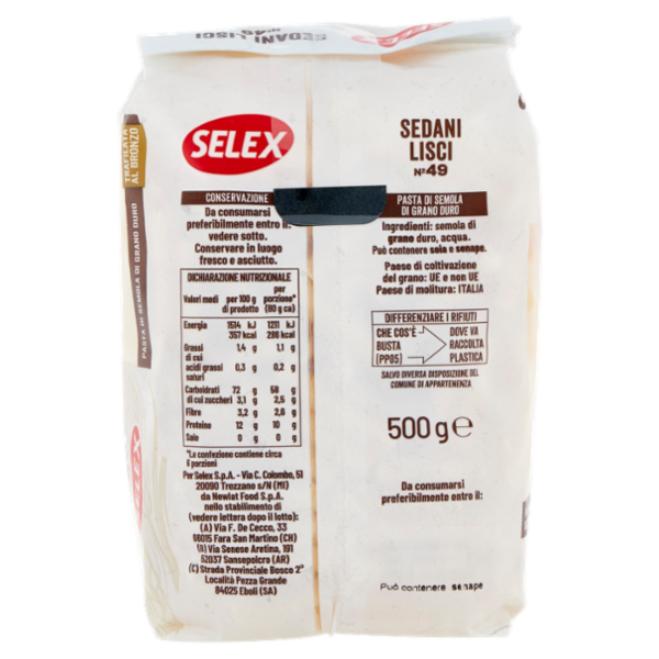 Selex Pasta di Semola Trafilata al Bronzo Sedani Lisci 500 g