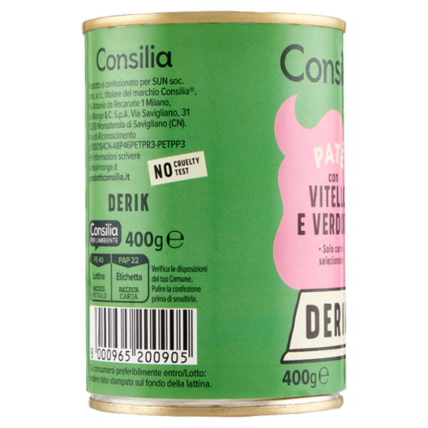 Consilia Derik Paté per Cane con Vitello e Verdure 400 g