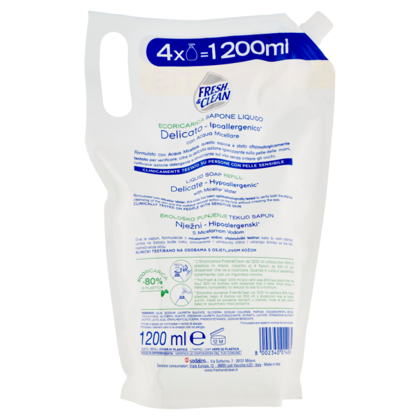 Fresh & Clean Detergente Mani-Viso Ipoallergenico Pelle Sensibile Acqua Micellare ecoRicarica 1200ml