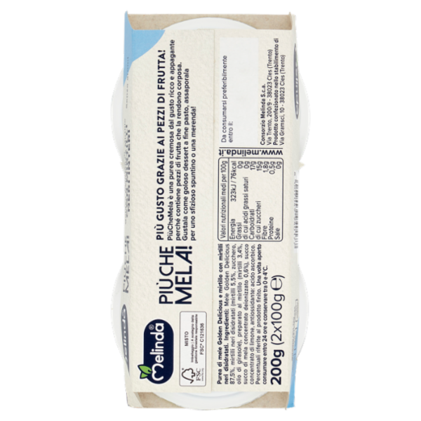 Melinda Più che Mela! Mousse di Golden Delicious e Mirtillo con Mirtilli Neri Interi 2 x 100 g