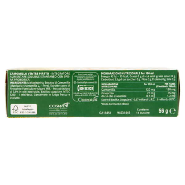 L'Angelica Camomilla Ventre Piatto con Finocchio e Probiotico Senza Zuccheri 14 Bustine 56 g