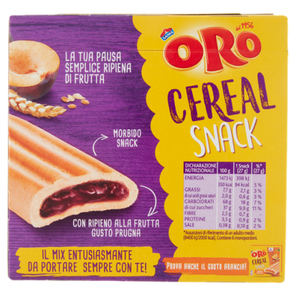 Oro Cereal Snack Prugna, soffice barretta con ripieno alla prugna - 162g