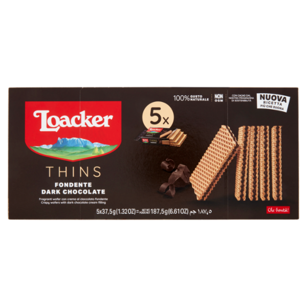 Loacker Thins Dark Chocolate Wafer con crema al cioccolato fondente Wafers 37,5gx5