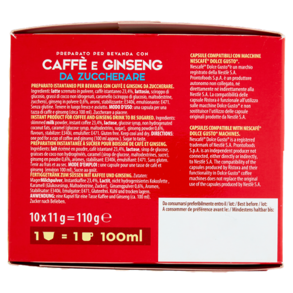 ristora Caffè e Ginseng da Zuccherare Capsule Compatibili con Macchine Nescafè Dolce Gusto 10 x 11 g