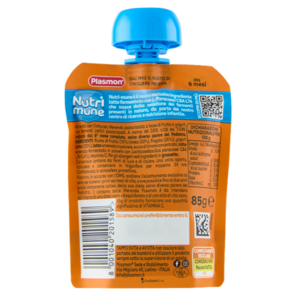 Plasmon il Frullato Nutri mune Fragola e Yogurt con Mela 85 g