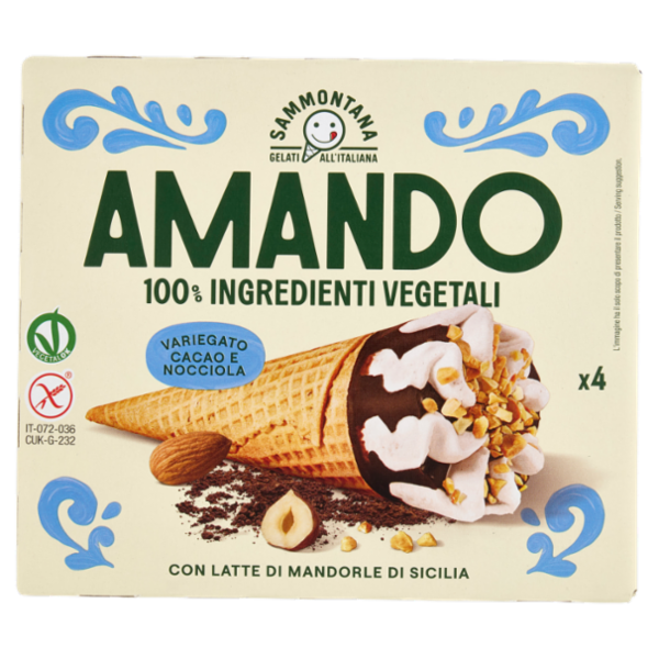 Sammontana Amando 4 Coni Gelato alla Vaniglia, Variegato al Cacao e Nocciola 4 x 75 g