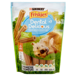 PURINA FRISKIES Dental Delicious Snack Igiene Orale e Dentale Gusto Pollo Taglia M/L Busta 200 g