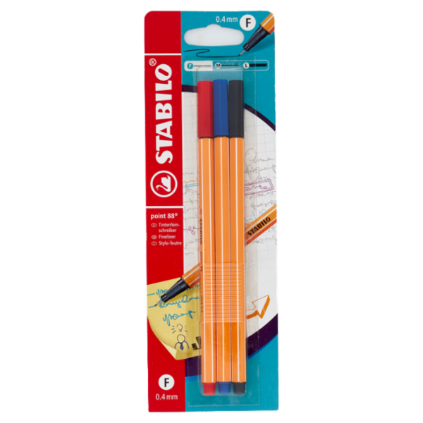 STABILO point 88 penna fineliner nero/blu/rosso - blister da 3 pz.