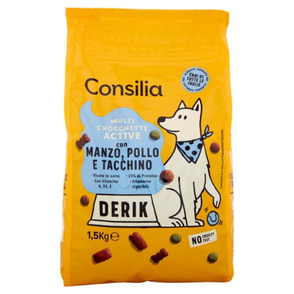 Consilia Derik Cane Multi Crocchette Active con Manzo, Pollo e Tacchino 1,5 kg