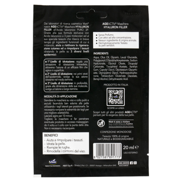 Matt Age Activ Hyaluron Filler Maschera in Tessuto Viso e Collo Acido Ialuronico Puro 3P 20 ml