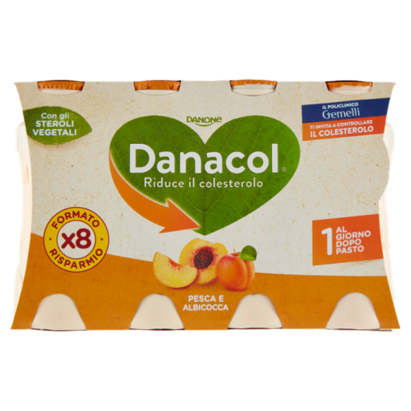 DANACOL Yogurt da bere, Riduce il Colesterolo grazie agli Steroli Vegetali, Pesca Albicocca, 8x100g