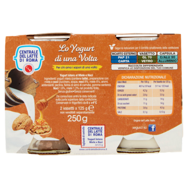 Centrale del Latte di Roma lo Yogurt di una Volta Cremoso Miele e Noci Yogurt Intero 2 x 125 g