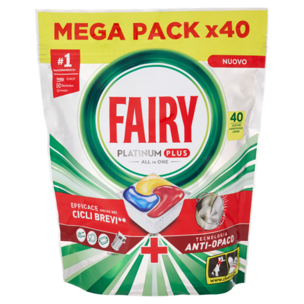Fairy Pastiglie Lavastoviglie Platinum Plus All in One, Detersivo Piatti Limone, 40 Capsule 620 g